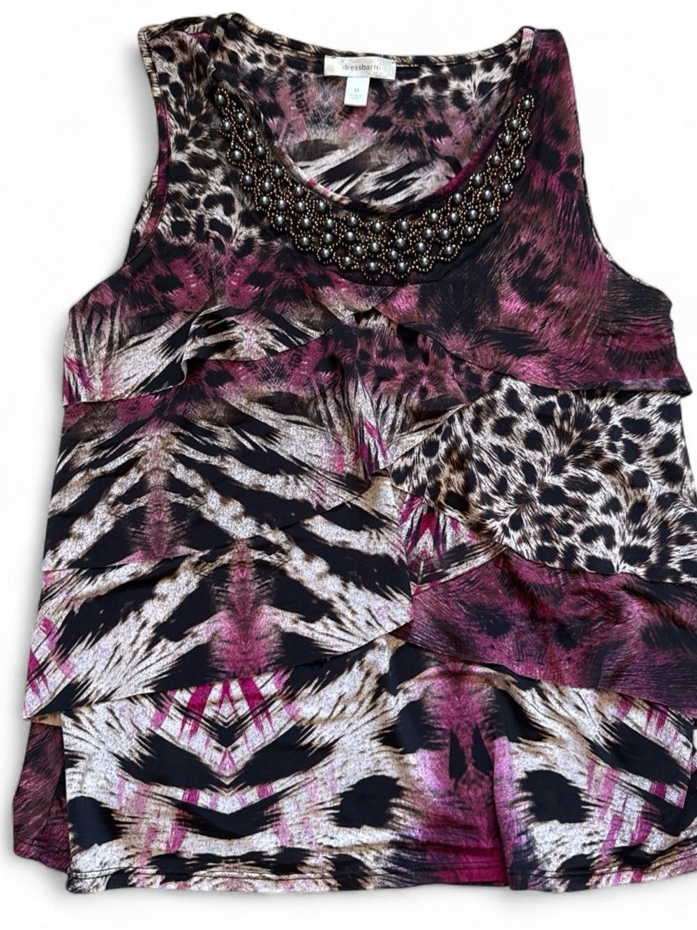 dressbarn Beaded-Neck Pink and Black Animal Print Sleeveless Tank